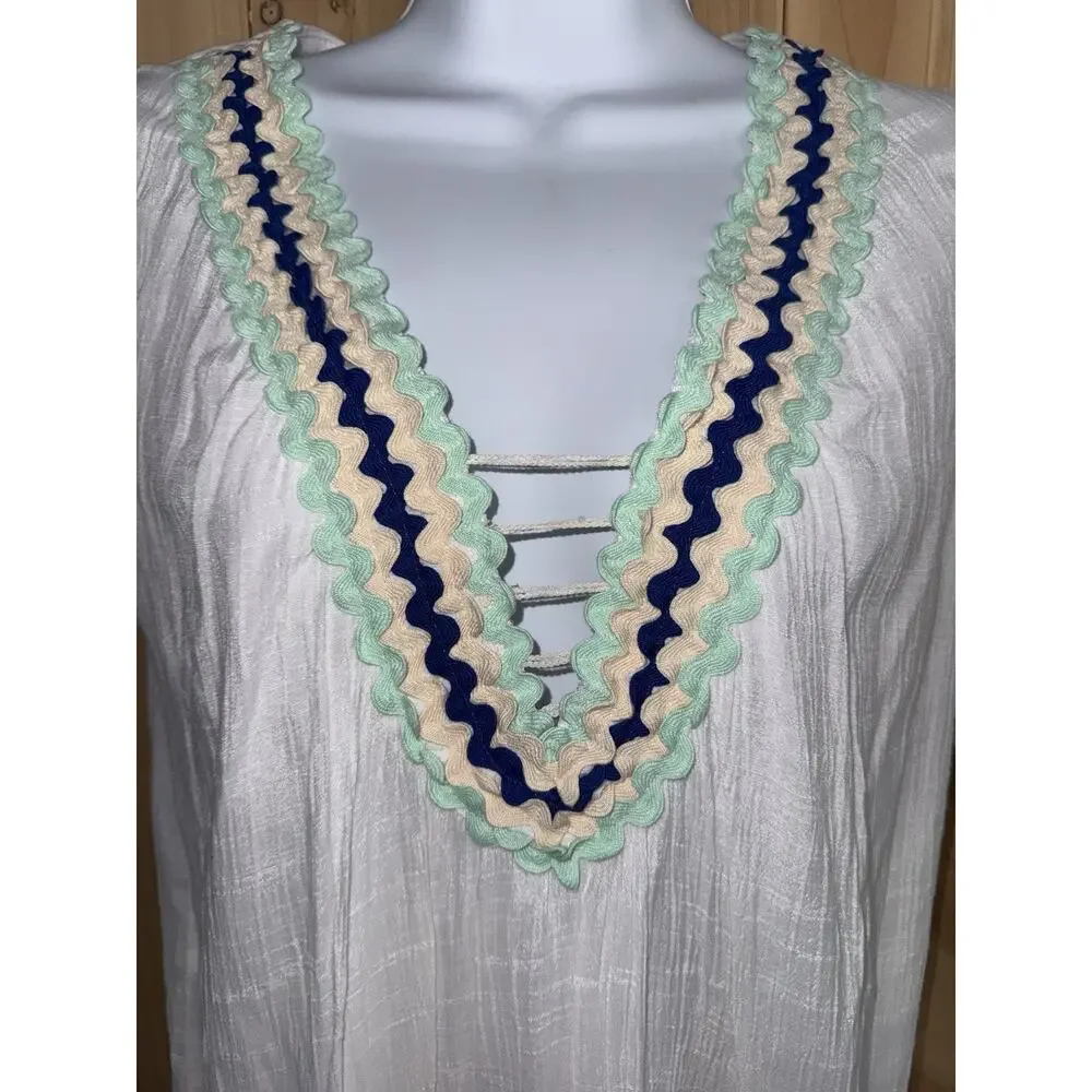 Judith March White Blue Gauze Tunic Top Coverup Vacation Resort Beach Club Sz M